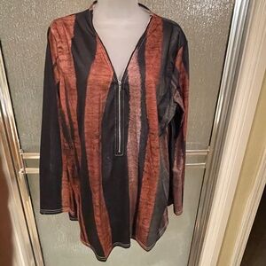 Long-sleeve tunic top,with zipper , brown,  plus size XXL